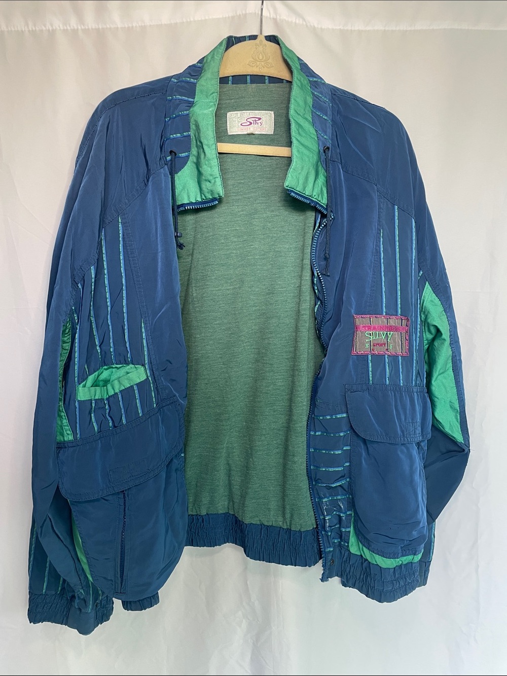 Vintage Silk Blue & Green Women's Windbreaker Jacket